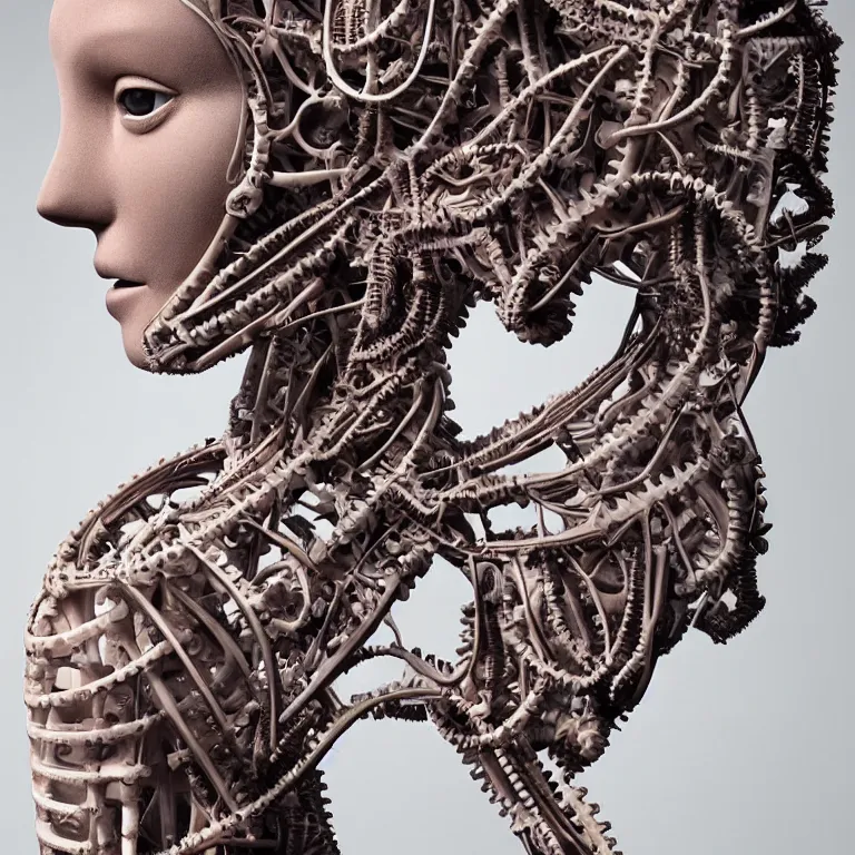 Image similar to portrait of beautiful!! horizontally symmetrical!! ceramic woman's head with coral!! reef hair. mechanical skeleton, biomechanical android. soft light painted by moebius, inspired by mary jane ansell, smooth face feature, horizontal symmetry!!!, intricate, studio photography, high detail