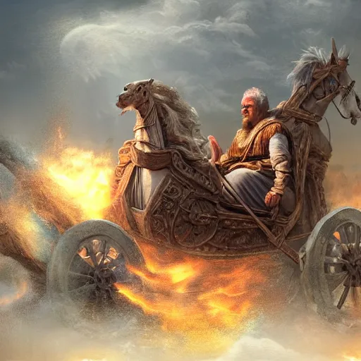 Image similar to Beautiful hyperrealistic detailed matte painting of a 60 year old man in Biblical outfit riding the carriage of an ancient chariot made of fire pulled by firey horses. nightime.