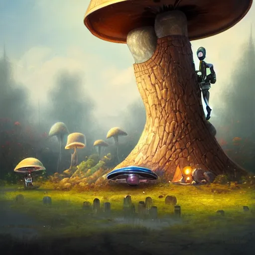 Prompt: painting depicting a robot resting under a large mushroom, a friendly robot, highly detailed, in the style of peter mohrbacher, michael cheval, octane render, unreal engine, trending on artstation