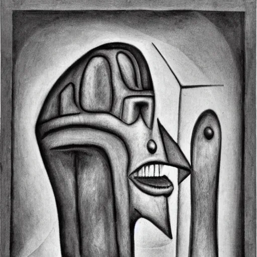 Image similar to black and white dada artwork of the golem from prague