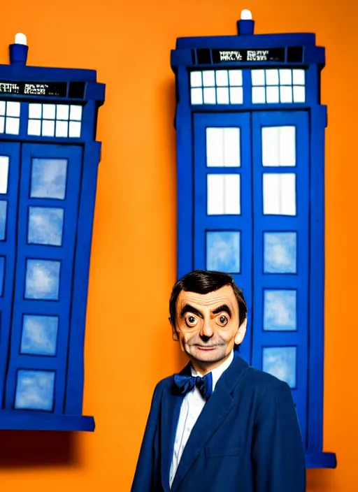 Image similar to dslr photo portrait still of mr bean as doctor who in front of the tardis at sunset, 8 k, 8 5 mm f 1. 4