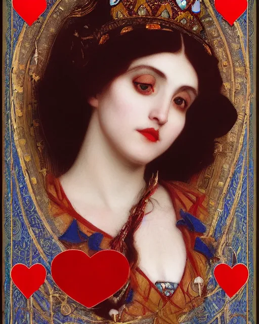 Image similar to 'queen of hearts' from 'alice in wonderland', intricate portrait by john william waterhouse and Edwin Longsden Long and Theodore Ralli and Henryk Siemiradzki, very coherent symmetrical artwork. Cinematic, hyper realism, high detail 8k