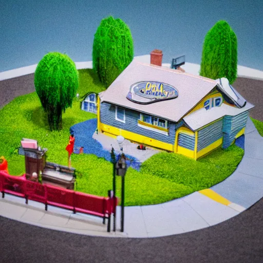 Prompt: diorama of The Simpsons' house, tilt-shift photography, highly detailed