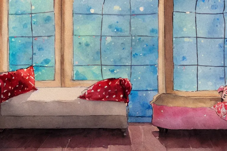 Prompt: charming and chubby huge fish, wearing a polka dot cloths and, lye on the fancy sofa, in the large and bright studio. sunlight enters through the barred window. delicate watercolor and pencil on canvas. beautiful lighting, 4 k post - processing, highly detailed, 5 k extremely detailed, 3 d. cinematic scene.