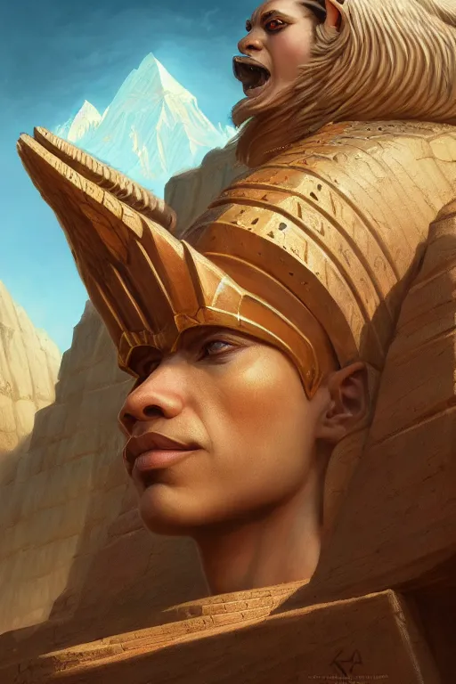 Image similar to legendary sphinx, highly detailed, d & d, fantasy, highly detailed, digital painting, trending on artstation, concept art, sharp focus, illustration, global illumination, ray tracing, realistic shaded, art by artgerm and greg rutkowski and fuji choko and viktoria gavrilenko and hoang lap