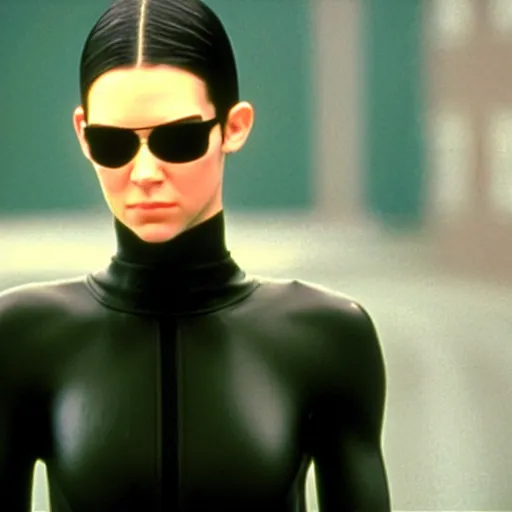 Image similar to a film still of Kendal Jenner starring in The Matrix (1999), close up, shallow depth of field
