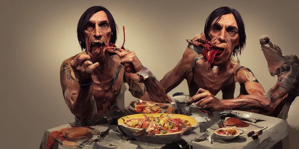 Image similar to cartoonish iggy pop eating dinner, vivid colors, character sheet, fine details, concept design, contrast, kim jung gi, greg rutkowski, trending on artstation, 8 k, full body, turnaround, front view, back view, ultra wide angle