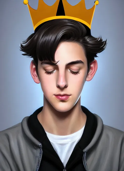 Image similar to portrait of teenage jughead jones wearing a light grey crown, crown, hamburger background, eyes closed, crown, black hair, intricate, elegant, glowing lights, warm lighting, highly detailed, digital painting, artstation, concept art, smooth, sharp focus, illustration, art by wlop, mars ravelo and greg rutkowski