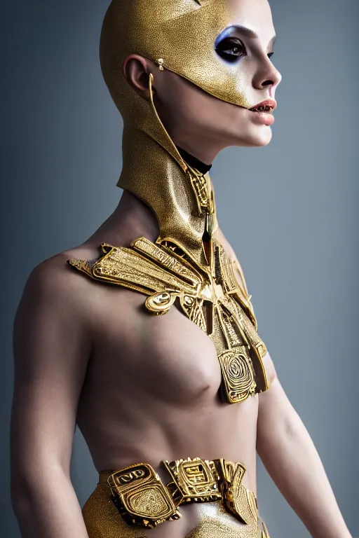 Image similar to beautifull cyberpunk woman model, wearing organic ceramic fractal outfit with gold ornametrics, luxury materials, symmetrical, cinematic, elegant, professional studio light, real dlsr photography, sharp focus, 4 k, ultra hd, sense of awe, high fashion