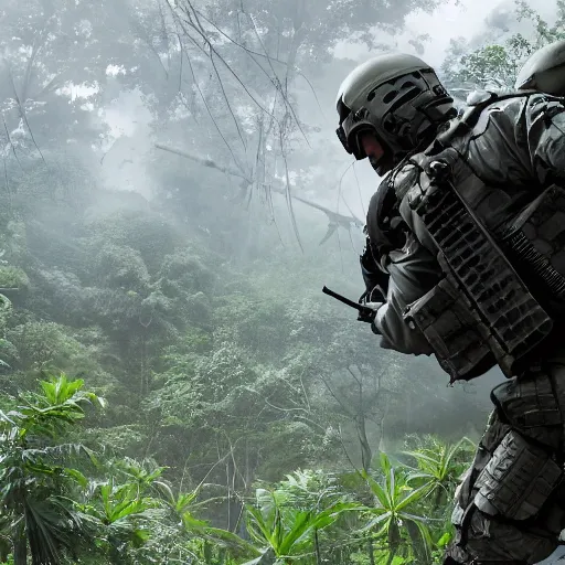 Image similar to Mercenary Special Forces soldier in light grey uniform with black armored vest and helmet launching an ambush attack in the jungles of Tanoa, combat photography by Feng Zhu, highly detailed, excellent composition, cinematic concept art, dramatic lighting, trending on ArtStation