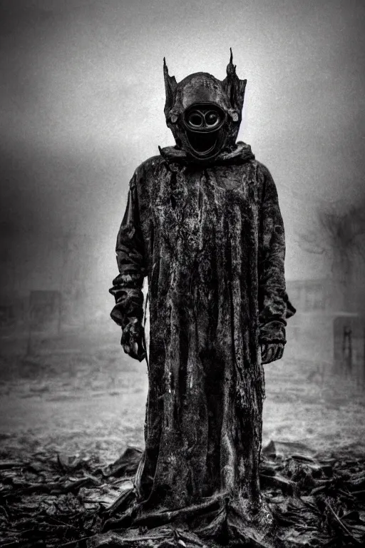 Prompt: the grotesque masked face of the watcher standing in a post apocalyptic wasteland, epic scene, dark, wet, dismal, grotesque mask, horror vibe, twilight, dark, dusk, stormy, black and white, atmospheric, moody lighting, grainy, gritty, epic