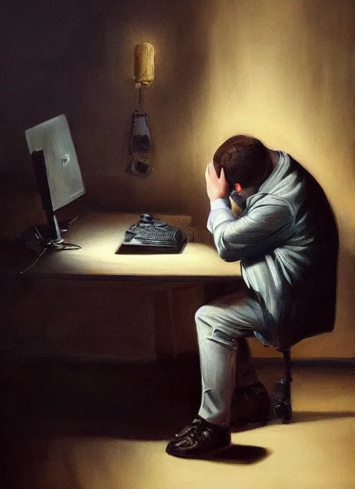 Image similar to insanely detailed chiaroscuro image of a sleepy - looking chubby well - dressed programmer guy on his knees facing his glowing ultrawide monitor begging it for forgiveness, oil on canvas, masterwork, fine detail, trending on artstation, emotive, insanely compelling, ryden, koons, moebius