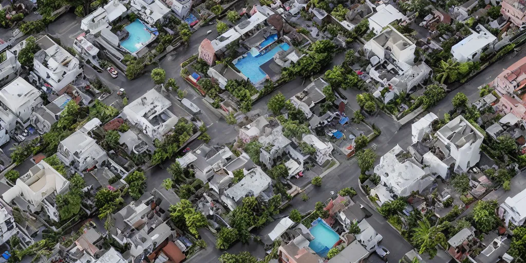 Image similar to isometric view of residential apartments being swept away by a tsunami, drone shot, hyper realistic aerial photography, 8k award-winning image