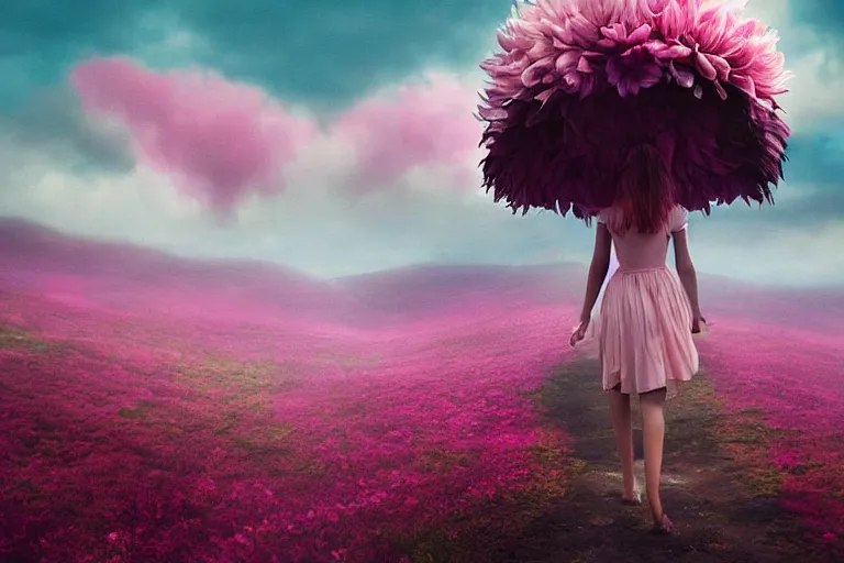 Image similar to giant dahlia flower crown under head, girl walking on mountain, surreal photography, pink storm clouds, dramatic light, impressionist painting, digital painting, artstation, simon stalenhag