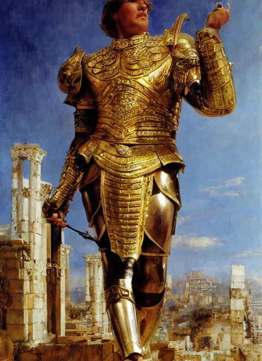 Image similar to a portrait of huge godlike achilles dressed in golden armour standing at the walls of troy, by john berkey and lawrence alma tadema and rick berry and norman rockwel