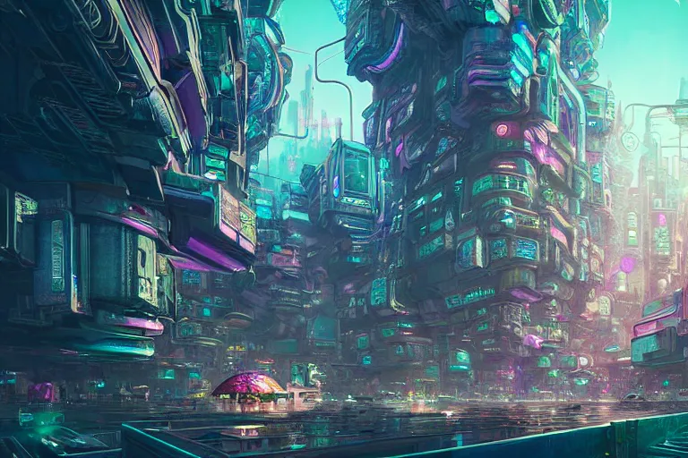 Image similar to a psychedelic cyberpunk city at the edge of existence where intensely creative astral beings live, in the style of wlop, illustration, epic, fantasy, hyper detailed, smooth, unreal engine, sharp focus, ray tracing