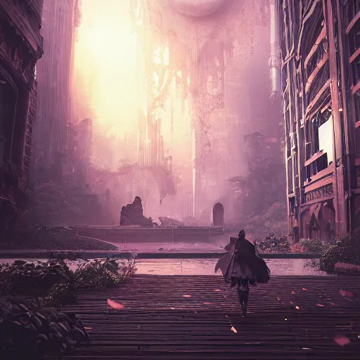 Image similar to kodak portra 8 0 0, infinitely detailed hd scenery ambience from nier automata, dream design, relief concept, majestic dream scenery smooth, sharp focus, an ultrafine detailed illustration by james jean, intricate linework, octane render, by ruan jia and nier automata detailed cybermagic atmospherics