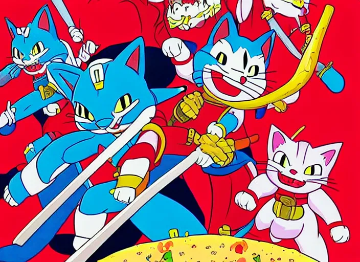 Prompt: samurai pizza cats, illustration masterpiece, by ryan ottley and mœbius and hayao miyazaki and akira toriyama