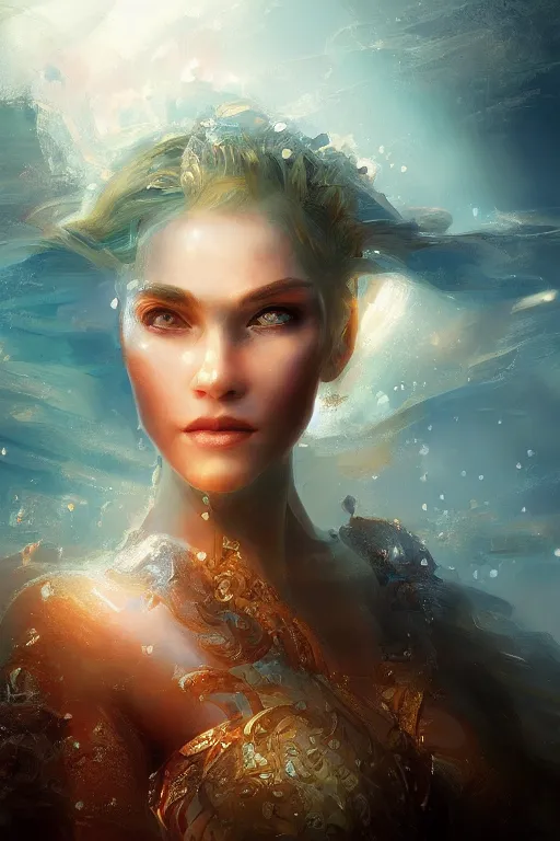 Image similar to Atlantis princess, gorgeous, close-up portrait, intricate, elegant, volumetric lighting, scenery, digital painting, highly detailed, artstation, sharp focus, illustration, concept art, ruan jia, steve mccurry