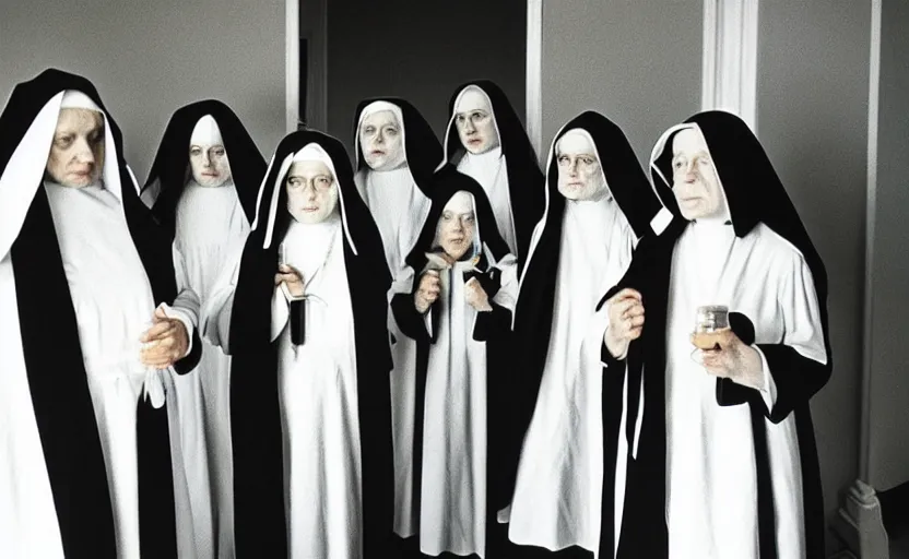 Prompt: Nuns in the shining by stanley kubrick, shot by 35mm film color photography