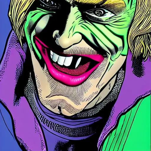 Image similar to dynamic macro head portrait of kurt cobain as the joker in by john romita sr and cory walker and ryan ottley and jack kirby and barry windsor - smith, comic, illustration, photo real