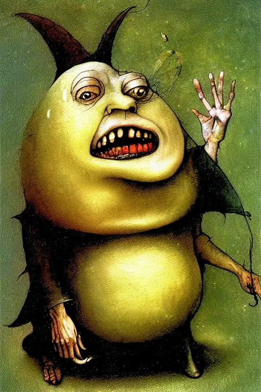 Image similar to hieronymus bosch, brian froud, painting of humpty dumpty