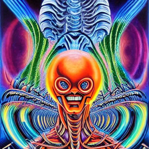 Image similar to alex grey painting of aliens and mecha