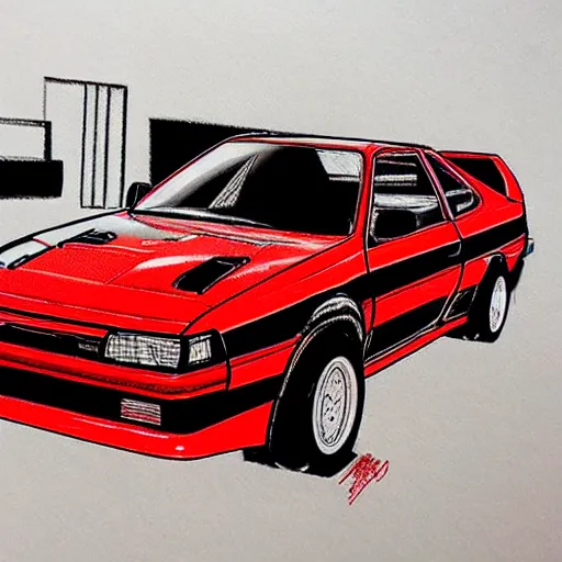 Image similar to black AE86 Trueno red glowing drawn by Shuichi Shigeno and Michiharu Kusunoki pen ink drawing