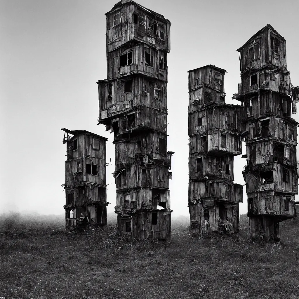 Prompt: two towers, made up of makeshift squatter shacks, misty, dystopia, mamiya rb 6 7, fully frontal view, very detailed, digital glitches, photographed by ansel adams