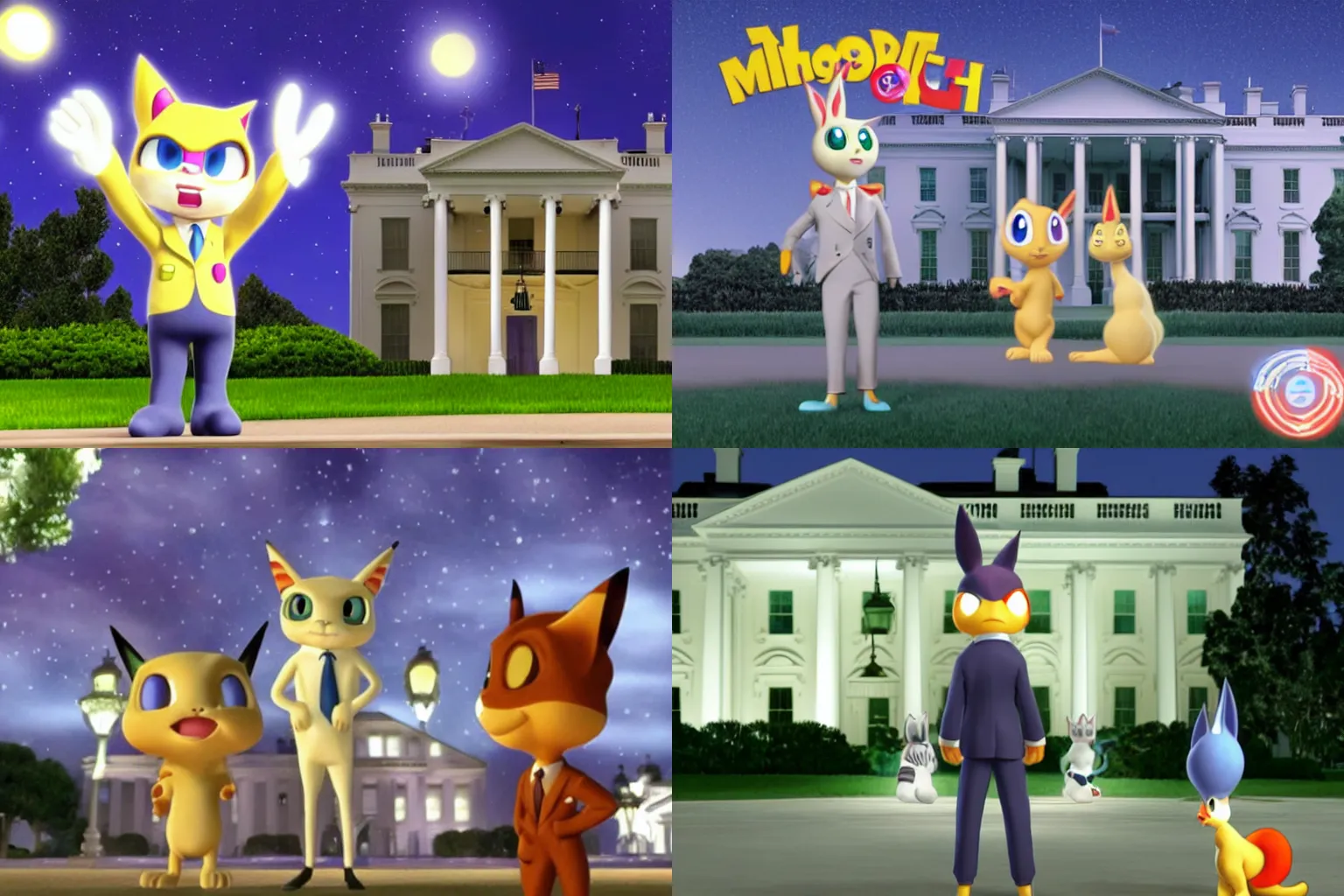 Prompt: nighttime shot of president meowth wearing double breasted suit standing in front of white house looking at camera high resolution pixar