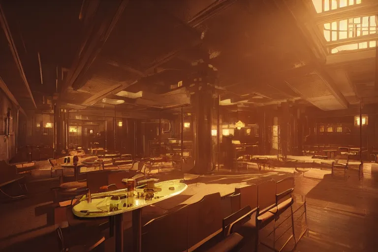 Image similar to cozy interior of a futuristic tavern, dramatic, cinematic, high contrast, octane render, cgsociety, artstation, 4k