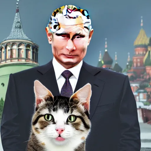 Prompt: vladimir putin wearing cute cat headband. cat ears. cute matte painting