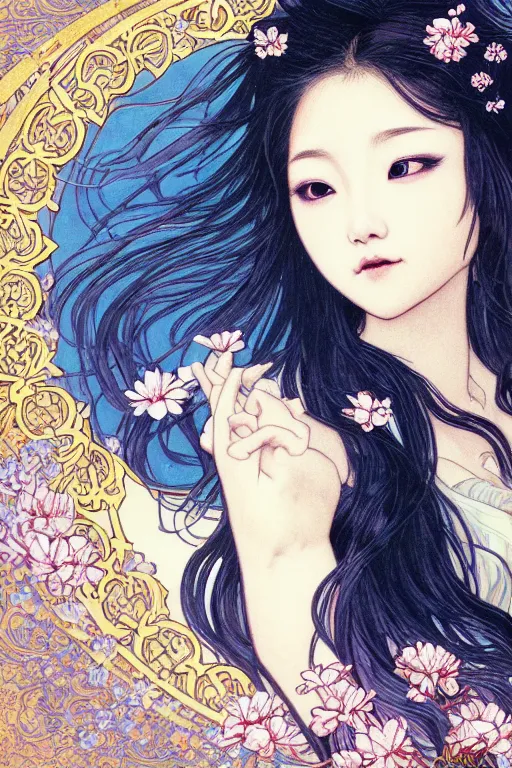 Image similar to beautiful young heroine portrait like twice tzuyu+happy+smoky eyes+front face with light flowing hair smiling, ultradetail face by tian zi and WLOP and alphonse mucha, great wave of hokusai, illustration, fantasy, acryllic spill, intricate complexity, chinese, goddess, holy, divine, rule of thirds, fantasy character concept, watermark, blurry, 8k