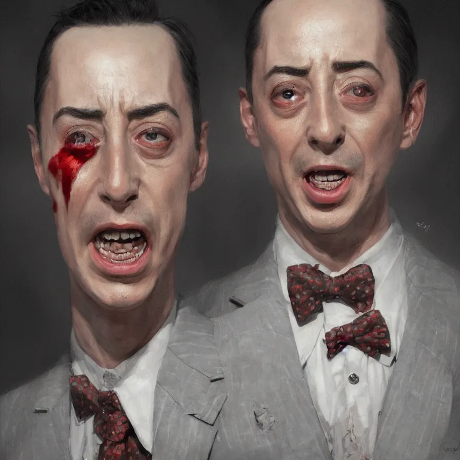 Prompt: close portrait of peewee herman, high detail, dramatic light, digital art, painted by greg rutkowski, painted by seb mckinnon, trending on artstation