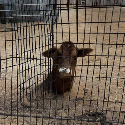 Image similar to chained calf inside a cage looking a bottle of milk