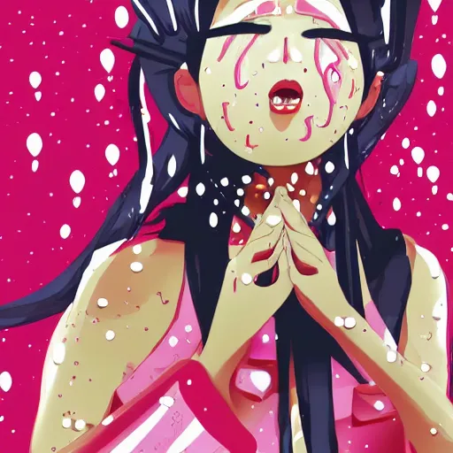 Prompt: a Harajuku girl with huge tears dripping down her face, illustration