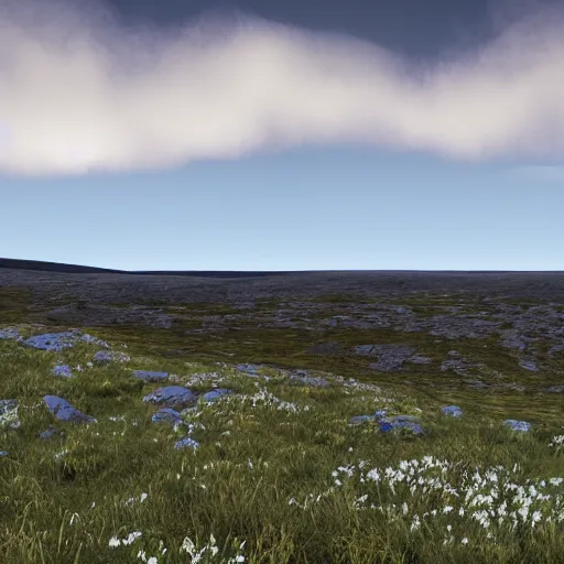 Prompt: a hilly area replete with smooth dark rocks. It's also replete with trees and wildflowers. You can see a bog in the distance. The temperature is cool and the sky is mostly clear. 4k, photorealistic, highly detailed,