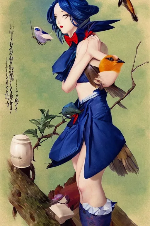 Image similar to anime pinup girl holding an indigo bunting, bird, the bird is wearing a bowtie, by greg rutkowski, rossdraws, gil elvgren, enoch bolles, anime, porcelain skin, very coherent