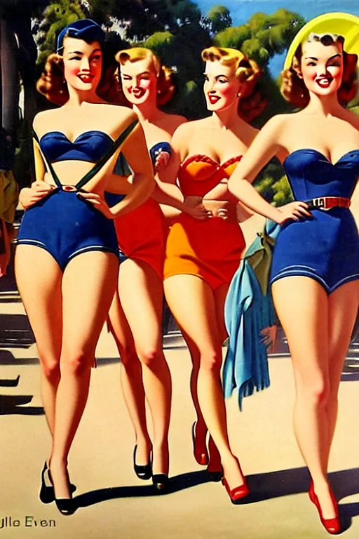 Image similar to 1940s group of pinup bikini girls walking down the street in 1940s Adelaide in Australia, oil painting, by Gil Elvgren