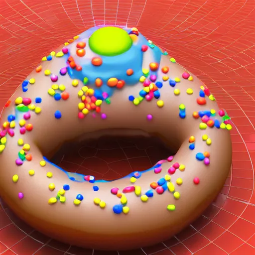 Prompt: a floating donut with dripping frosting and sprinkles raining down, blender 3 d render.