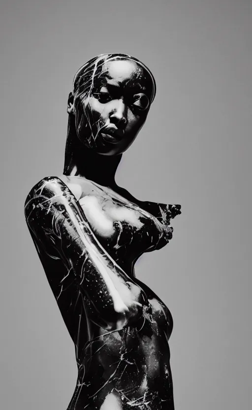 Image similar to extremely beautiful female black marble statue in the style of virgil abloh, colorful motocross logos behind her, sharp focus, clear, detailed,, cinematic, detailed, off white, glamourous, symmetrical, vogue, editorial, fashion, magazine shoot, glossy