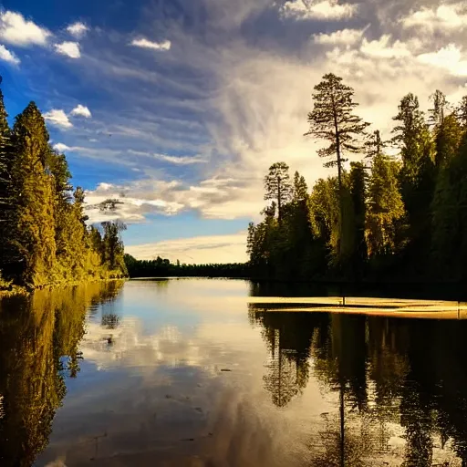 Prompt: A very long river flowing into a lake of pure gold, hidden in the middle of a dense forest of tall trees, with lots of light clouds in the bright blue sky, in the late afternoon.