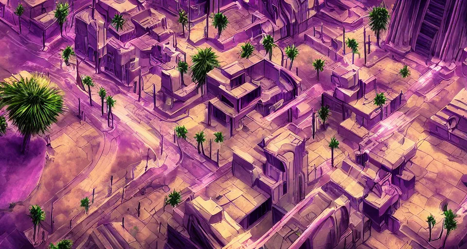 Image similar to Sci-fi wallpaper of an alley in a desert city, view from the top, purple color-theme, cinematic, science-fiction art wallpaper, stunning digital art