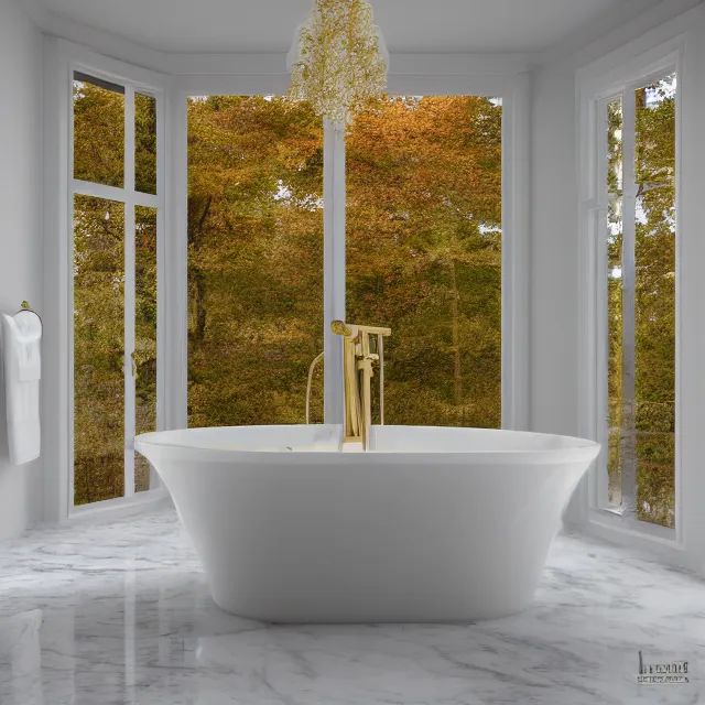 Prompt: marble bathroom interior, bathtub with golden faucet, wood cabinets, marble floor, large window in back with vermont fall foliage river view, large potted plant, realistic, unreal engine render, octane render, hyper realistic, photo, 8 k