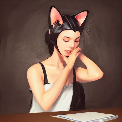 Prompt: woman with cat ears writing on a blackboard, blackboard, oil painting, digital art, cat ears, by wpol, by artgerm, beautiful lighting, by rob rey, by greg rutkowski, trending on artstation