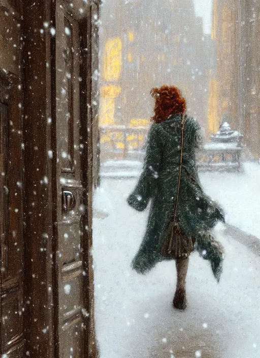 Image similar to emma stone beige coat walking into new york apartment building in winter, close up of wreath on door, snow, artwork by gaston bussiere, craig mullins, trending on artstation