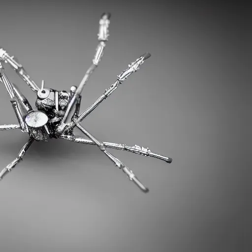 Image similar to macro photograph of a miniature mechanical spider made of silver