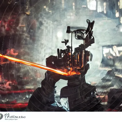 Image similar to gun made from old egg beater, balding older cyborg repairing, red hot soldering iron, dark messy smoke - filled cluttered workshop, dark, dramatic lighting, orange tint, cinematic, highly detailed, sci - fi, futuristic, movie still from blade runner