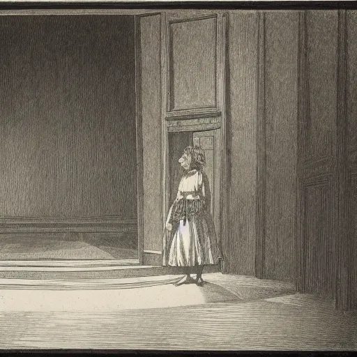 Prompt: an actress on stage in an old theater, only a single visitor in the audience, by alfred stephens