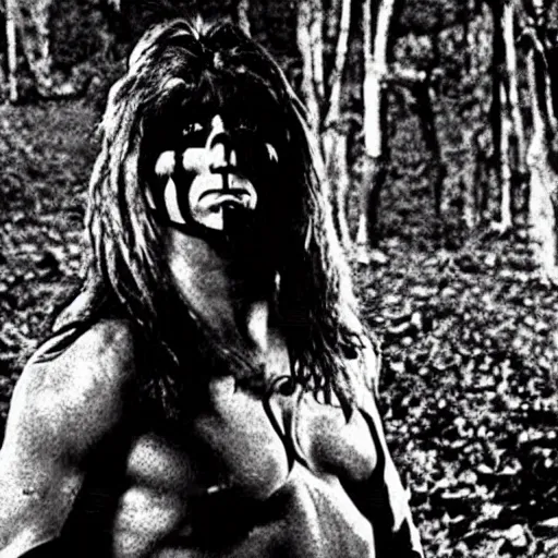 Image similar to the ultimate warrior pro wrestler in the blair witch project, movie still,